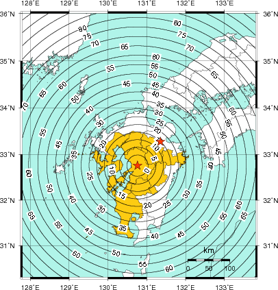 緊急地震速報（警報）第1報を発表した地域及び主要動到達までの時間