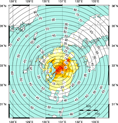 緊急地震速報第1報提供から主要動到達までの時間及び推計震度分布図