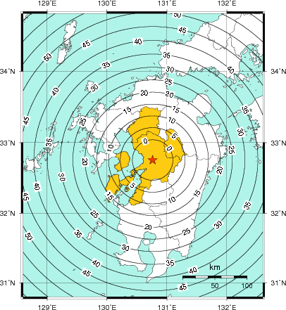 緊急地震速報（警報）第1報を発表した地域及び主要動到達までの時間