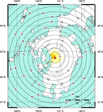 緊急地震速報第1報提供から主要動到達までの時間及び推計震度分布図