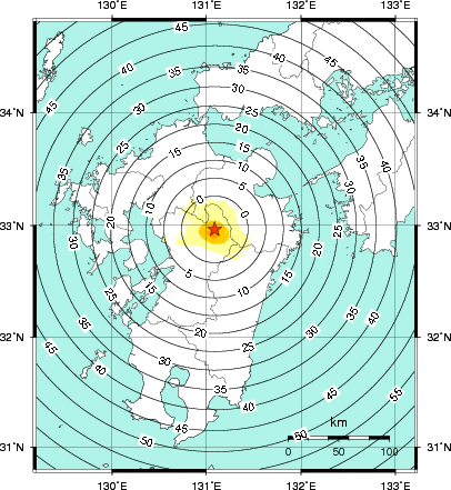 緊急地震速報第1報提供から主要動到達までの時間及び推計震度分布図