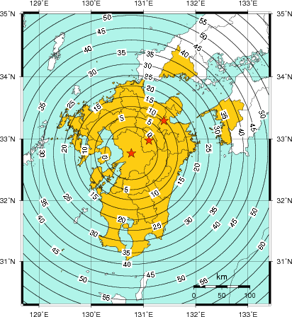 緊急地震速報（警報）第1報を発表した地域及び主要動到達までの時間