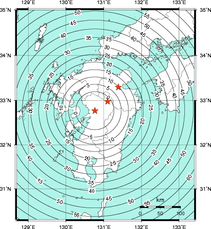 緊急地震速報第1報提供から主要動到達までの時間及び推計震度分布図