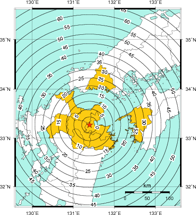 緊急地震速報（警報）第1報を発表した地域及び主要動到達までの時間