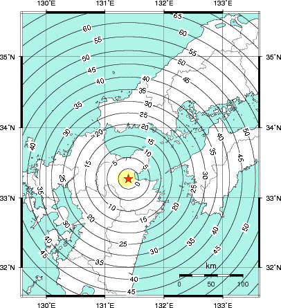 緊急地震速報第1報提供から主要動到達までの時間及び推計震度分布図