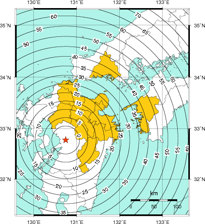 緊急地震速報（警報）第1報を発表した地域及び主要動到達までの時間