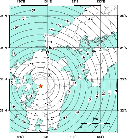 緊急地震速報第1報提供から主要動到達までの時間及び推計震度分布図