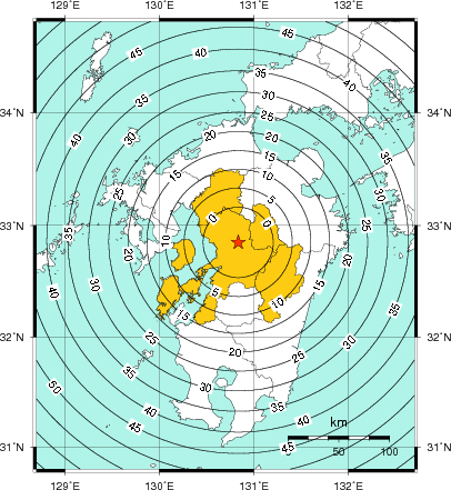 緊急地震速報（警報）第1報を発表した地域及び主要動到達までの時間