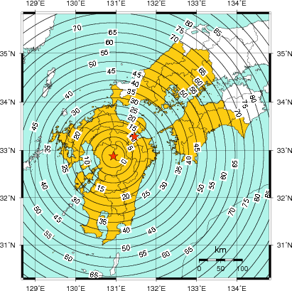 緊急地震速報（警報）第1報を発表した地域及び主要動到達までの時間