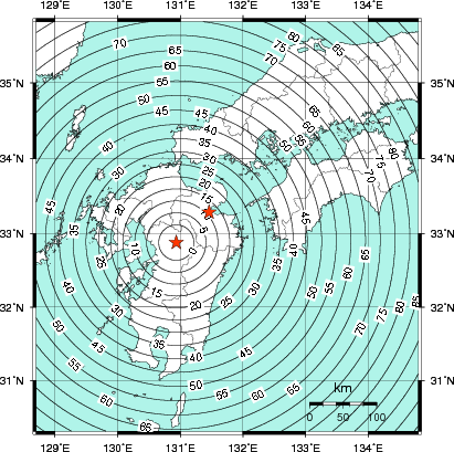 緊急地震速報第1報提供から主要動到達までの時間及び推計震度分布図