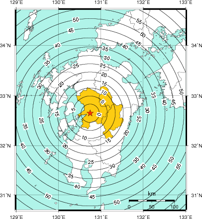 緊急地震速報（警報）第1報を発表した地域及び主要動到達までの時間