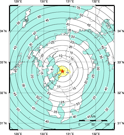 緊急地震速報第1報提供から主要動到達までの時間及び推計震度分布図