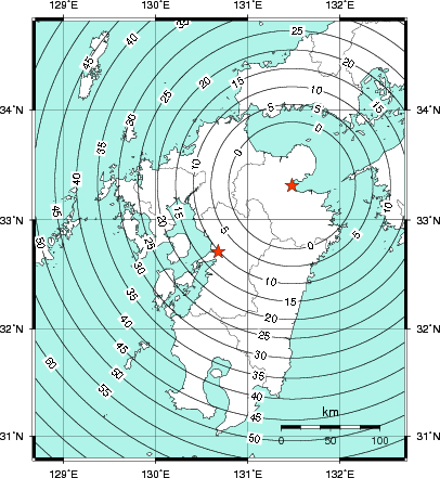 緊急地震速報第1報提供から主要動到達までの時間及び推計震度分布図