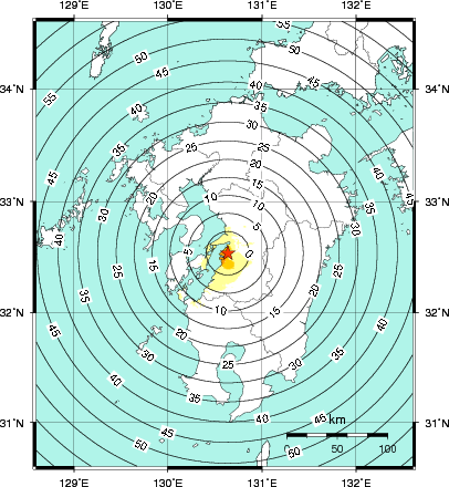 緊急地震速報第1報提供から主要動到達までの時間及び推計震度分布図