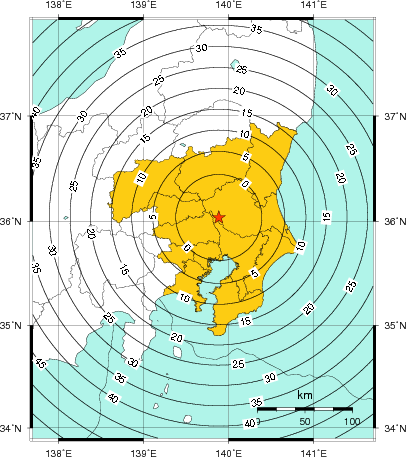 緊急地震速報（警報）第1報を発表した地域及び主要動到達までの時間