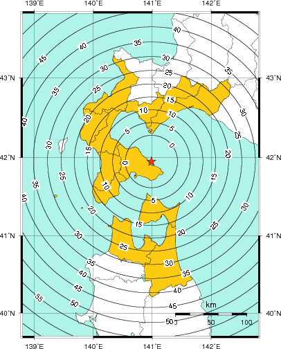 緊急地震速報（警報）第1報を発表した地域及び主要動到達までの時間