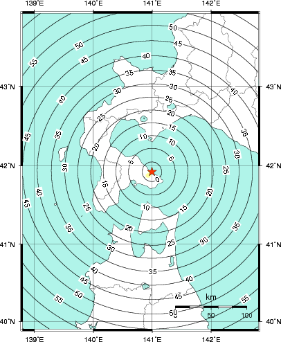 緊急地震速報第1報提供から主要動到達までの時間及び推計震度分布図