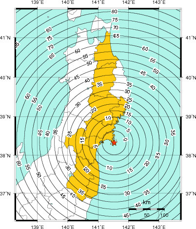 緊急地震速報（警報）第1報を発表した地域及び主要動到達までの時間