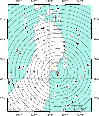 緊急地震速報第1報提供から主要動到達までの時間及び推計震度分布図