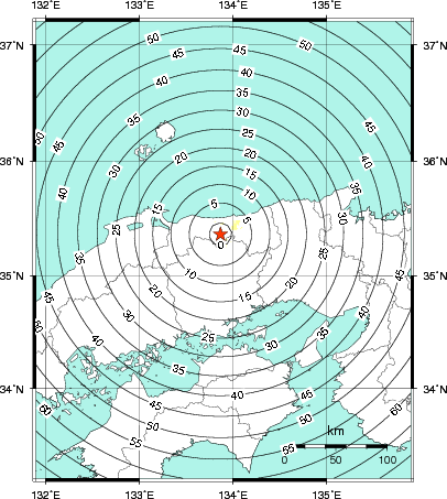 緊急地震速報第1報提供から主要動到達までの時間及び推計震度分布図