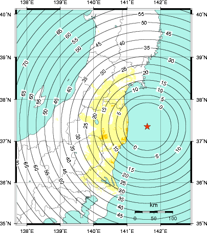 緊急地震速報第1報提供から主要動到達までの時間及び推計震度分布図