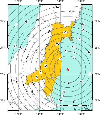 緊急地震速報（警報）第1報を発表した地域及び主要動到達までの時間