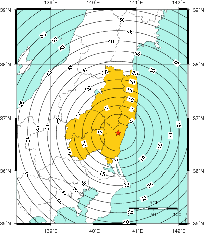 緊急地震速報（警報）第1報を発表した地域及び主要動到達までの時間