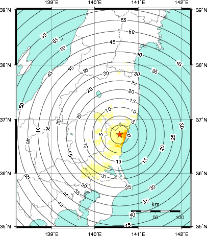 緊急地震速報第1報提供から主要動到達までの時間及び推計震度分布図