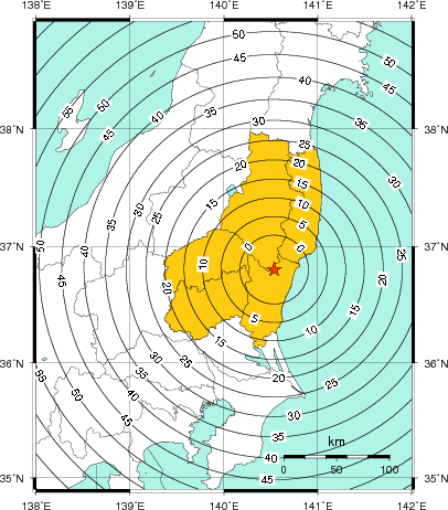 緊急地震速報（警報）第1報を発表した地域及び主要動到達までの時間