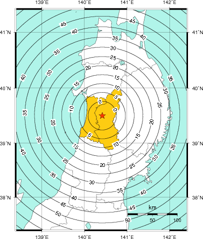 緊急地震速報（警報）第1報を発表した地域及び主要動到達までの時間