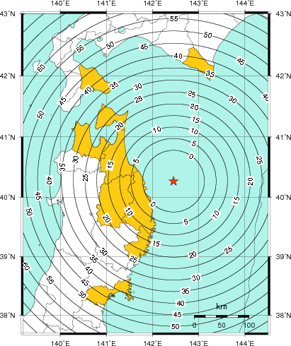 緊急地震速報（警報）第1報を発表した地域及び主要動到達までの時間