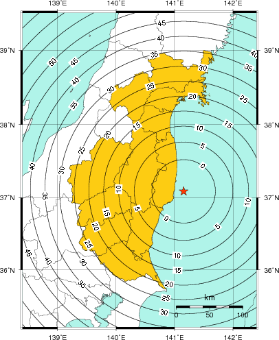 緊急地震速報（警報）第1報を発表した地域及び主要動到達までの時間