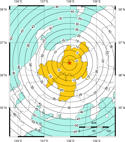 緊急地震速報（警報）第1報を発表した地域及び主要動到達までの時間