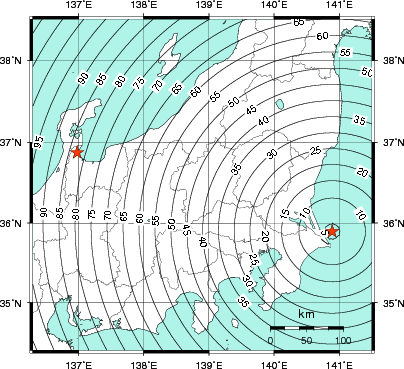 緊急地震速報第1報提供から主要動到達までの時間及び推計震度分布図