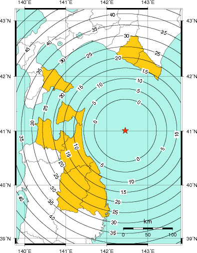 緊急地震速報（警報）第1報を発表した地域及び主要動到達までの時間