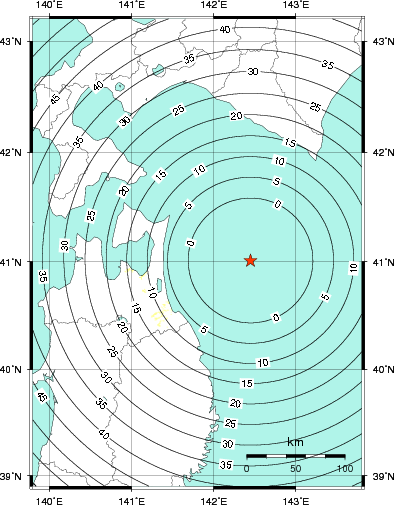 緊急地震速報第1報提供から主要動到達までの時間及び推計震度分布図
