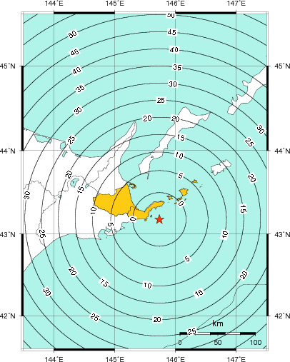 緊急地震速報（警報）第1報を発表した地域及び主要動到達までの時間