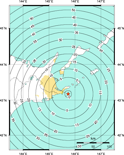 緊急地震速報第1報提供から主要動到達までの時間及び推計震度分布図