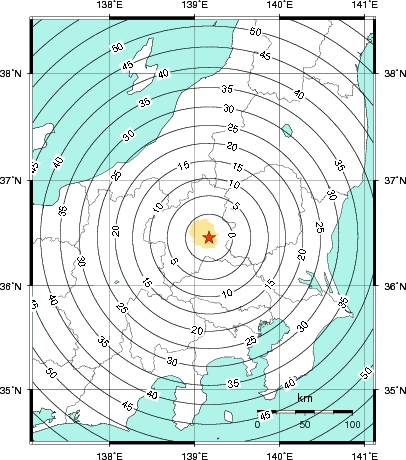 緊急地震速報第1報提供から主要動到達までの時間及び推計震度分布図