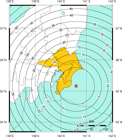 緊急地震速報（警報）第1報を発表した地域及び主要動到達までの時間