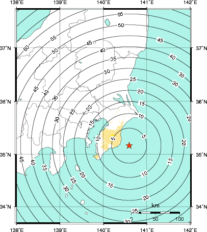 緊急地震速報第1報提供から主要動到達までの時間及び推計震度分布図