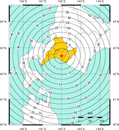 緊急地震速報（警報）第1報を発表した地域及び主要動到達までの時間