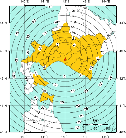 緊急地震速報（警報）第2報を発表した地域及び主要動到達までの時間