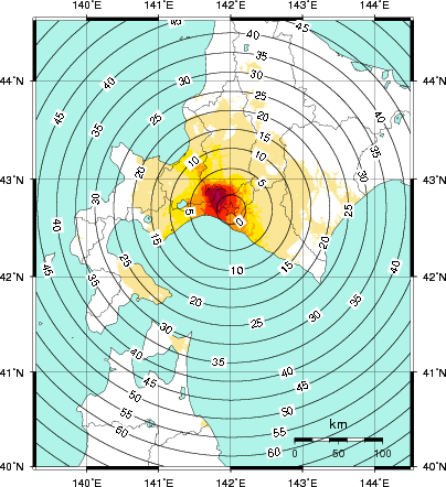 緊急地震速報第1報提供から主要動到達までの時間及び推計震度分布図