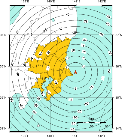 緊急地震速報（警報）第1報を発表した地域及び主要動到達までの時間