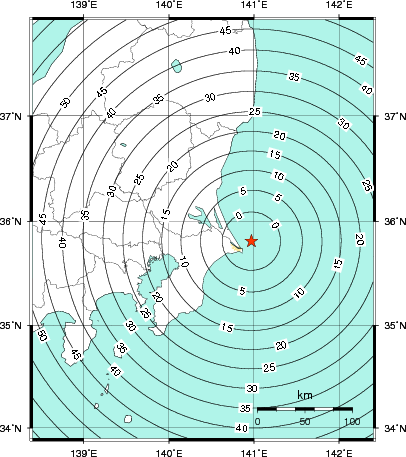 緊急地震速報第1報提供から主要動到達までの時間及び推計震度分布図