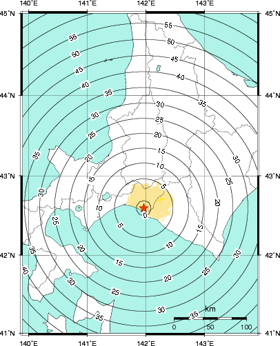 緊急地震速報第1報提供から主要動到達までの時間及び推計震度分布図