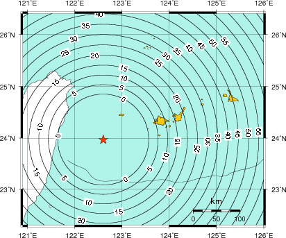 緊急地震速報（警報）第1報を発表した地域及び主要動到達までの時間