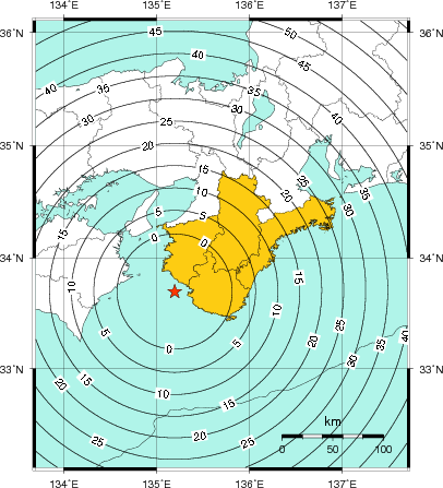 緊急地震速報（警報）第1報を発表した地域及び主要動到達までの時間