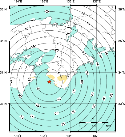 緊急地震速報第1報提供から主要動到達までの時間及び推計震度分布図